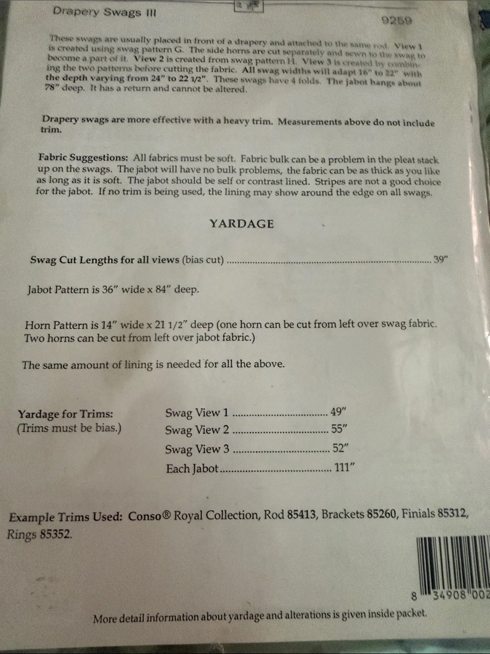 M’Fay Drapery Swags III 9259 - Window Treatment Pattern Uncut